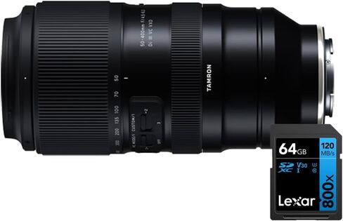 عدسة تليفوتوغرافي Tamron AFA067S700 50-400 مم F/4.5-6.3 Di III VC VXD لحزمة Sony E-Mount مع بطاقة ذاكرة Lexar 64GB عالية الأداء 800x UHS-I SDHC سلسلة زرقاء in Kuwait