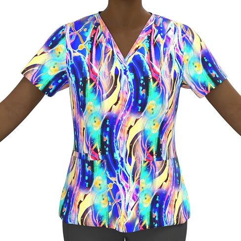 Digital Print Stretch Scrubs Top - Pandamed V Neck Women Stretch Top PPS103 in Saudi Arabia