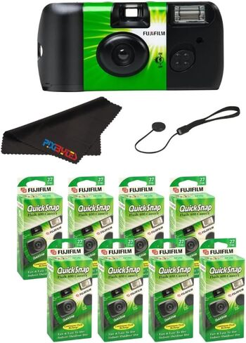 كاميرا Fujifilm QuickSnap Flash 400 للاستخدام مرة واحدة مع حافظة للغطاء وقطعة قماش للتنظيف من الألياف الدقيقة من Pixibytes... (8 عبوات (QuickSnap)) in Kuwait