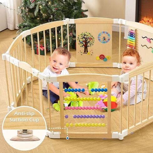 Foldable Wooden Play Yard – Adjustable Safety Gate with Lock, Portable Indoor Activity Center for Babies, Toddlers, Easy-Clean & Natural Finish, 47 x 47 x 24 inches in Saudi Arabia