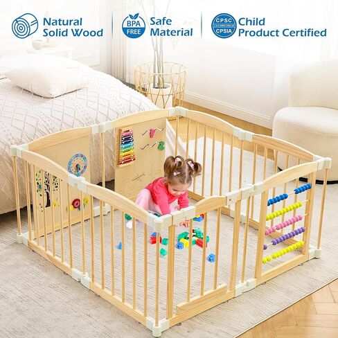 Foldable Wooden Play Yard – Adjustable Safety Gate with Lock, Portable Indoor Activity Center for Babies, Toddlers, Easy-Clean & Natural Finish, 47 x 47 x 24 inches in Saudi Arabia