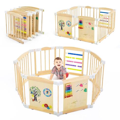 Foldable Wooden Play Yard – Adjustable Safety Gate with Lock, Portable Indoor Activity Center for Babies, Toddlers, Easy-Clean & Natural Finish, 47 x 47 x 24 inches in Saudi Arabia