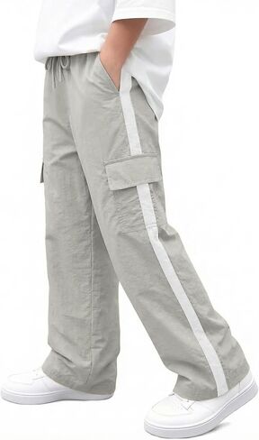 Haloumoning Boys Wide Leg Cargo Pants Kids Striped Elastic Waist Parachute Trousers with Pockets 5-14 Years in Saudi Arabia