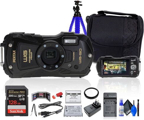حزمة كاميرا Ricoh Pentax WG-90 الرقمية (02136) تتضمن: بطاقة ذاكرة 128 جيجابايت، قارئ بطاقات، بطارية قابلة لإعادة الشحن 2X، شاحن بطارية، حامل ثلاثي القوائم على الطاولة، حقيبة كاميرا، مجموعة تنظيف، المزيد من الملحقات in Kuwait