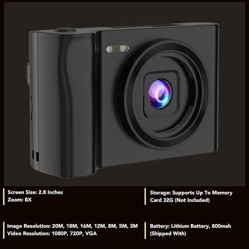 1080P 20MP - نقطة وتصوير محمولة مع شاشة 2.8، تكبير 8X، مؤقت ذاتي ووضع التجميل - للمراهقين والفتيات والأولاد in Kuwait