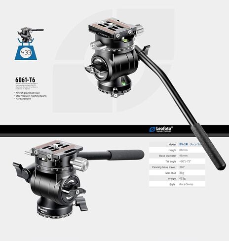 Leofoto BV-1R طقم رأس فيديو سائل Arca متوافق مع Inc Panning QR Clamp، لوحة + مقبض يد يسار/يمين in Kuwait