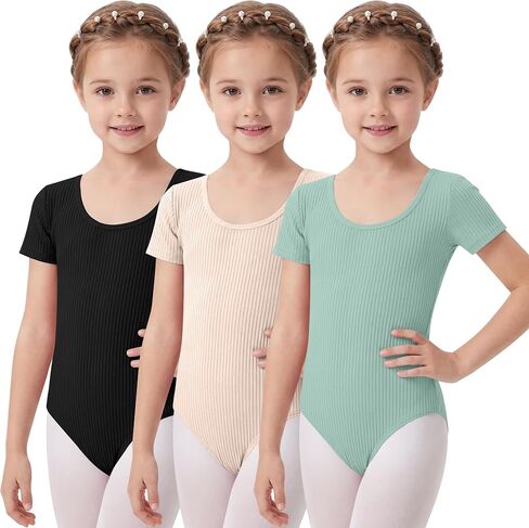 3 Pack Girls Ballet Leotards 92% Cotton Short Sleeve Ribbed Toddler Gymnastics Dance Bodysuit Outfits 2-14 Years in Saudi Arabia