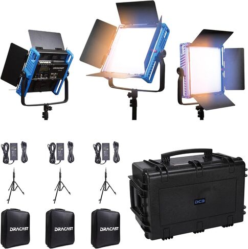 مجموعة Dracast Kala Plus Series Bicolor LED1000 مع حقيبة سفر مصبوبة بالحقن - 3 عبوات تتضمن مصابيح لوحة، وحوامل، وBarndoors، وانتشار | التحكم في التطبيق | حالة السفر | التحكم في التطبيق | عكس الضوء 0-100% in Kuwait