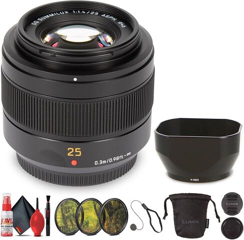 Panasonic Leica DG Summilux 25mm f/1.4 II ASPH. Lens for Micro Four Thirds, 50mm Equivalent Prime, f/1.4 Aperture, Stepping AF Motor, 7-Blade Diaphragm, Bundle with Filter and Cleaning Kit (4 Items) in Kuwait