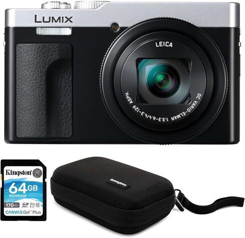 حزمة كاميرا باناسونيك LUMIX ZS99 30x Zoom Point and Shoot الرقمية المدمجة (فضية) مع بطاقة ذاكرة SDXC بسعة 64 جيجابايت وبطاقة ذاكرة قراءة بسرعة 170 ميجابايت في الثانية ومنظم السفر وحقيبة التخزين (3 عناصر) in Kuwait