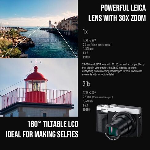 حزمة كاميرا باناسونيك LUMIX ZS99 30x Zoom Point and Shoot الرقمية المدمجة (فضية) مع بطاقة ذاكرة SDXC بسعة 64 جيجابايت وبطاقة ذاكرة قراءة بسرعة 170 ميجابايت في الثانية ومنظم السفر وحقيبة التخزين (3 عناصر) in Kuwait