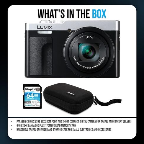 حزمة كاميرا باناسونيك LUMIX ZS99 30x Zoom Point and Shoot الرقمية المدمجة (فضية) مع بطاقة ذاكرة SDXC بسعة 64 جيجابايت وبطاقة ذاكرة قراءة بسرعة 170 ميجابايت في الثانية ومنظم السفر وحقيبة التخزين (3 عناصر) in Kuwait