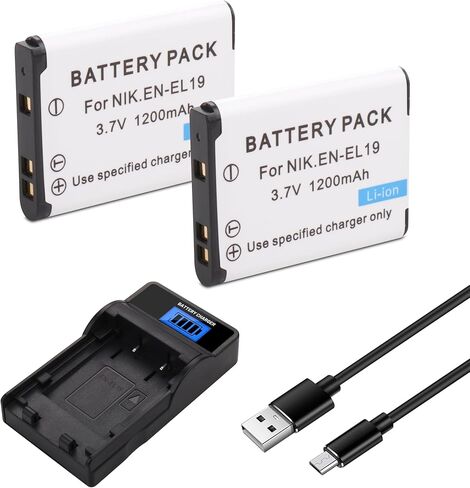2 حزمة بطارية EN-EL19 وشاحن USB سريع لنيكون Coolpix S32 S33 S100 S2800 S3100 S3200 S3300 S3500 S3600 S3700 S4100 S4200 S4300 S5300 S6500 S6800 S7000 Son NP-BJ1 DSC-RX0 in Kuwait
