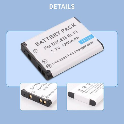 2 حزمة بطارية EN-EL19 وشاحن USB سريع لنيكون Coolpix S32 S33 S100 S2800 S3100 S3200 S3300 S3500 S3600 S3700 S4100 S4200 S4300 S5300 S6500 S6800 S7000 Son NP-BJ1 DSC-RX0 in Kuwait