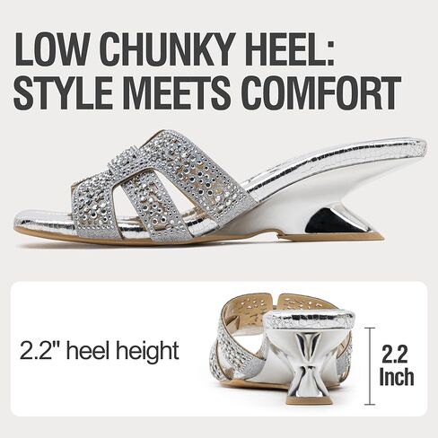 Vepose Women's Rhinestone Heeled Sandals - Approx 2 Inch Low Chunky Heel Slip On 6109 Mules, Square Open Toe Dressy Double Band Slides for Wedding Party Daily Wear in Saudi Arabia