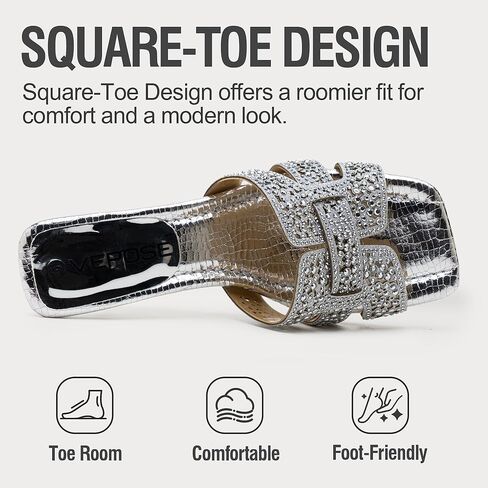 Vepose Women's Rhinestone Heeled Sandals - Approx 2 Inch Low Chunky Heel Slip On 6109 Mules, Square Open Toe Dressy Double Band Slides for Wedding Party Daily Wear in Saudi Arabia