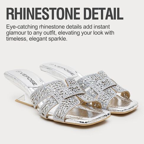 Vepose Women's Rhinestone Heeled Sandals - Approx 2 Inch Low Chunky Heel Slip On 6109 Mules, Square Open Toe Dressy Double Band Slides for Wedding Party Daily Wear in Saudi Arabia