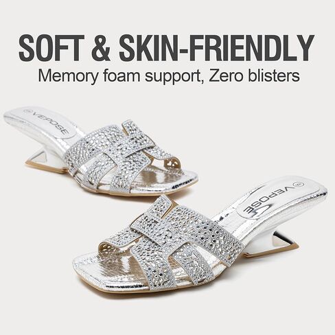 Vepose Women's Rhinestone Heeled Sandals - Approx 2 Inch Low Chunky Heel Slip On 6109 Mules, Square Open Toe Dressy Double Band Slides for Wedding Party Daily Wear in Saudi Arabia