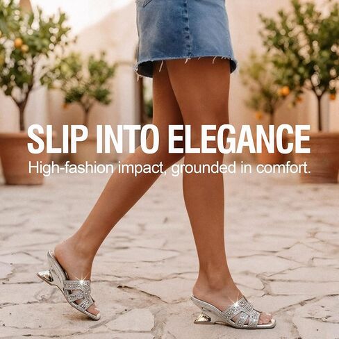 Vepose Women's Rhinestone Heeled Sandals - Approx 2 Inch Low Chunky Heel Slip On 6109 Mules, Square Open Toe Dressy Double Band Slides for Wedding Party Daily Wear in Saudi Arabia