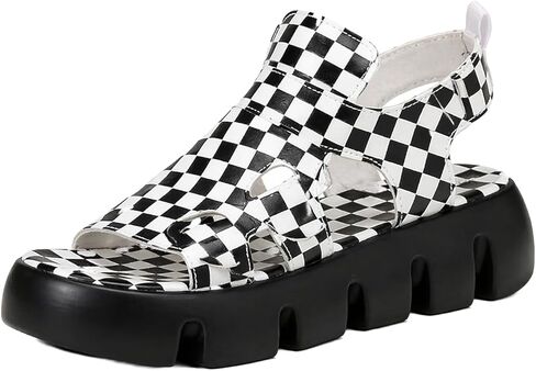 Checkered Platform Sandals for Women Open Toe Ankle Strap Sandals Checkered Cutout Thick Sole Shoes Comfortable Casual Outdoor Walking Chunky Soft Sport in Saudi Arabia