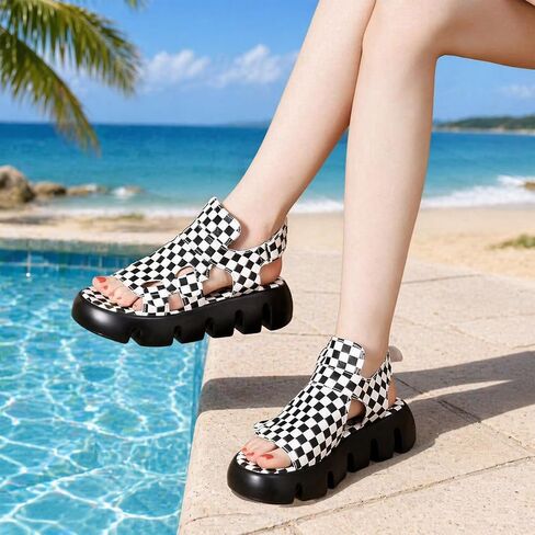Checkered Platform Sandals for Women Open Toe Ankle Strap Sandals Checkered Cutout Thick Sole Shoes Comfortable Casual Outdoor Walking Chunky Soft Sport in Saudi Arabia