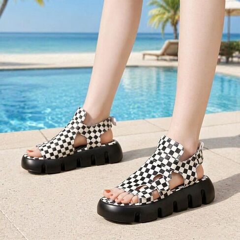Checkered Platform Sandals for Women Open Toe Ankle Strap Sandals Checkered Cutout Thick Sole Shoes Comfortable Casual Outdoor Walking Chunky Soft Sport in Saudi Arabia