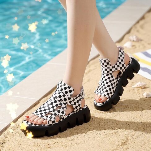 Checkered Platform Sandals for Women Open Toe Ankle Strap Sandals Checkered Cutout Thick Sole Shoes Comfortable Casual Outdoor Walking Chunky Soft Sport in Saudi Arabia