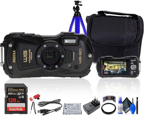 حزمة كاميرا Ricoh Pentax WG-90 الرقمية (02136) تتضمن: بطاقة ذاكرة 128 جيجابايت، قارئ بطاقات، بطارية قابلة لإعادة الشحن، حامل ثلاثي القوائم على الطاولة، حقيبة الكاميرا، مجموعة التنظيف، محفظة البطاقات، المزيد من الملحقات in Kuwait
