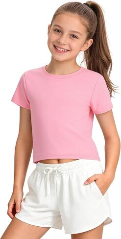 HASMES Girls Crop Tops Athletic Short Sleeve Round Neck Basic Tees for Kids 7-14Y in Kuwait