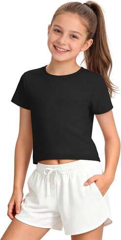 HASMES Girls Short Sleeve T Shirts Athletic Crewneck Crop Tops Basic Tees for Kids in Saudi Arabia