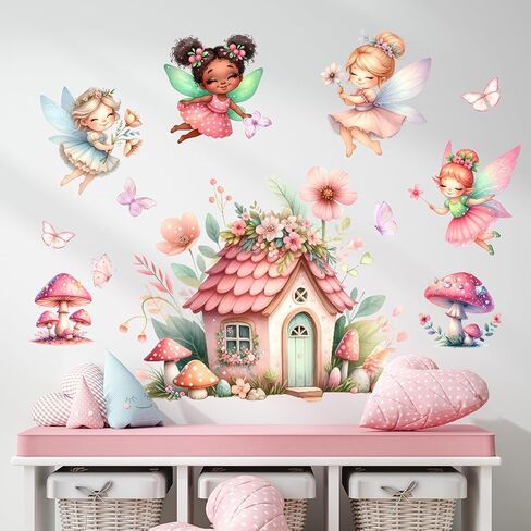 Enchanted Fairy Garden Wall Decals for Girls – Pink Peel and Stick Nursery Decor with Mushroom Cottage, Flowers– Removable Vinyl Stickers for Nursery, Bedroom or Playroom Decor in Saudi Arabia