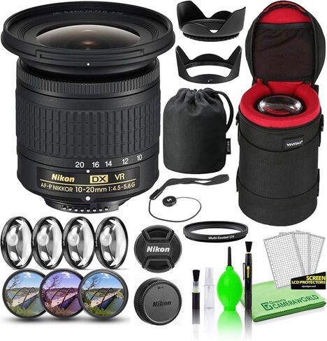 مجموعة عدسات Nikon AF-P DX NIKKOR مقاس 10-20 مم f/4.5-5.6G VR طراز الولايات المتحدة الأمريكية (20067) مع حافظة عدسة مبطنة + طقم مرشح ماكرو + فلاتر عدسات UV وCPL وFL + غطاء توليب + حافظة غطاء العدسة + طقم تنظيف العدسة in Kuwait