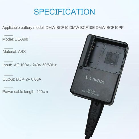 شاحن بطارية DE-A60 DMW-BCF10 DMW-BCF10E DMW-BCF10PP متوافق مع باناسونيك لوميكس DMC-TS1 DMC-TS2 DMC-TS3 DMC-TS4 DMC-FH20 DMC-FH22 MC-F2 DMC-F3 DMC-FH1 DMC-FH3 DMC-FP8 وسلك طاقة تيار متردد 120 سم in Kuwait