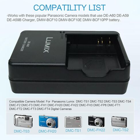 شاحن بطارية DE-A60 DMW-BCF10 DMW-BCF10E DMW-BCF10PP متوافق مع باناسونيك لوميكس DMC-TS1 DMC-TS2 DMC-TS3 DMC-TS4 DMC-FH20 DMC-FH22 MC-F2 DMC-F3 DMC-FH1 DMC-FH3 DMC-FP8 وسلك طاقة تيار متردد 120 سم in Kuwait
