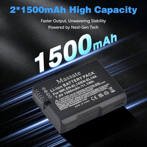 2 حزمة بطارية 1500 مللي أمبير EN-EL14a EN-EL14 وشاحن سريع LED PD20W [طاقة كاملة 2.5 ساعة]، لنيكون D3100 D3200 D3300 D3400 D3500 D5100 D5200 D5300 D5500 D5600، DF، Coolpix P7000 P7100 بي 7700 بي 7800 in Kuwait