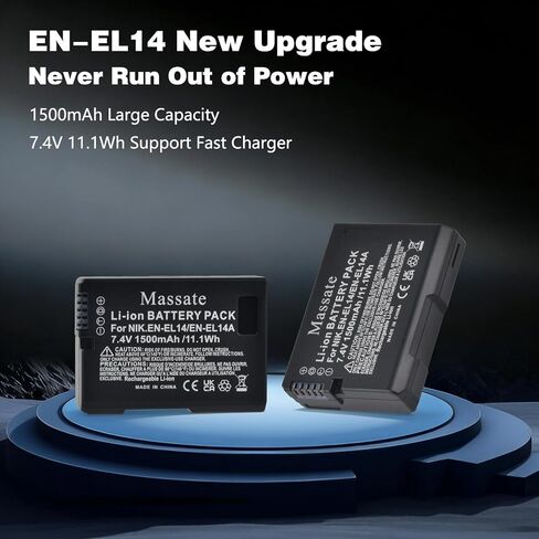 2 حزمة بطارية 1500 مللي أمبير EN-EL14a EN-EL14 وشاحن سريع LED PD20W [طاقة كاملة 2.5 ساعة]، لنيكون D3100 D3200 D3300 D3400 D3500 D5100 D5200 D5300 D5500 D5600، DF، Coolpix P7000 P7100 بي 7700 بي 7800 in Kuwait