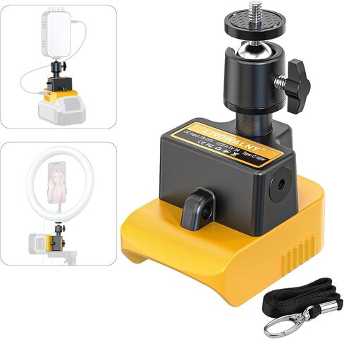 محول بطارية مثبت على الكاميرا من LIVOWALNY لـ Dewalt 20V، رأس كروي 360 درجة 1/4 بوصة فتحات لولبية خيطية مع منفذ إخراج USB-A ونوع C لشاشة LCD/أضواء LED/الهاتف/أجهزة التصوير الفوتوغرافي (بدون بطارية) in Kuwait