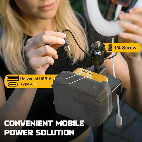 محول بطارية مثبت على الكاميرا من LIVOWALNY لـ Dewalt 20V، رأس كروي 360 درجة 1/4 بوصة فتحات لولبية خيطية مع منفذ إخراج USB-A ونوع C لشاشة LCD/أضواء LED/الهاتف/أجهزة التصوير الفوتوغرافي (بدون بطارية) in Kuwait