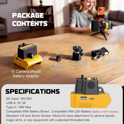 محول بطارية مثبت على الكاميرا من LIVOWALNY لـ Dewalt 20V، رأس كروي 360 درجة 1/4 بوصة فتحات لولبية خيطية مع منفذ إخراج USB-A ونوع C لشاشة LCD/أضواء LED/الهاتف/أجهزة التصوير الفوتوغرافي (بدون بطارية) in Kuwait