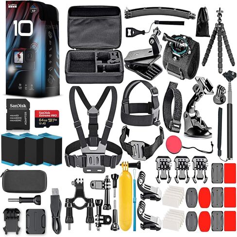 كاميرا GoPro HERO10 (Hero 10) باللون الأسود - كاميرا أكشن مقاومة للماء مع شاشات LCD أمامية وشاشات خلفية تعمل باللمس، محرك GP2، دقة 5K HD، صور بدقة 23 ميجابكسل، بث مباشر، بطاقة 64 جيجابايت، مجموعة ملحقات مكونة من 50 قطعة وبطاريتين إضافيتين in Kuwait