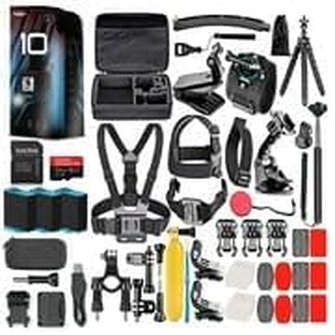 كاميرا GoPro HERO10 (Hero 10) باللون الأسود - كاميرا أكشن مقاومة للماء مع شاشات LCD أمامية وشاشات خلفية تعمل باللمس، محرك GP2، دقة 5K HD، صور بدقة 23 ميجابكسل، بث مباشر، بطاقة 64 جيجابايت، مجموعة ملحقات مكونة من 50 قطعة وبطاريتين إضافيتين in Kuwait