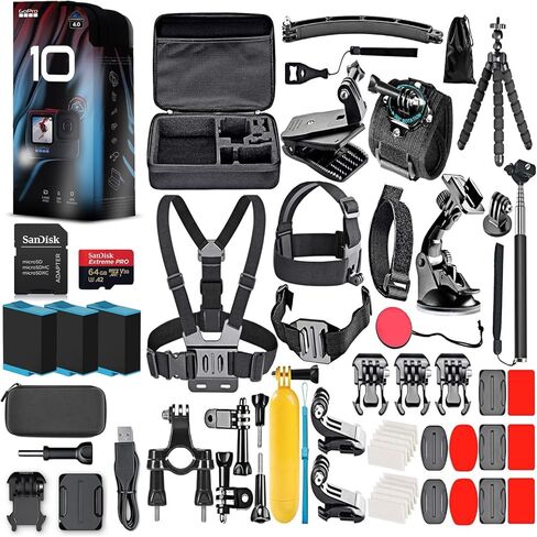 كاميرا GoPro HERO10 (Hero 10) باللون الأسود - كاميرا أكشن مقاومة للماء مع شاشات LCD أمامية وشاشات خلفية تعمل باللمس، محرك GP2، دقة 5K HD، صور بدقة 23 ميجابكسل، بث مباشر، بطاقة 64 جيجابايت، مجموعة ملحقات مكونة من 50 قطعة وبطاريتين إضافيتين in Kuwait