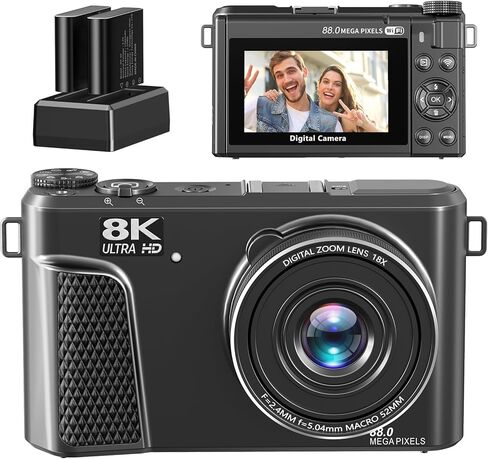 كاميرا رقمية 8K للتصوير الفوتوغرافي، واي فاي 88 ميجابكسل 180 درجة، كاميرا تسجيل فيديو للتركيز التلقائي على اليوتيوب، كاميرا تكبير 18X للمبتدئين مع بطاقة TF سعة 32 جيجابايت وبطاريتين (معدنية) in Kuwait