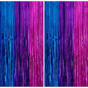 2 Pack 3.3x6.6ft Blue Purple Hot Pink Metallic Tinsel Foil Fringe Backdrop Door Streamers Butterfly Mermaid Girls Birthday Bridal Baby Shower Halloween Graduation Music Hunters Theme Party Decoration in Saudi Arabia