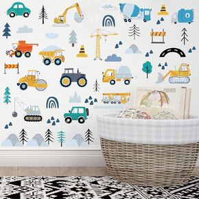 Construction Vehicles Wall Stickers - Construction Themed Trucks Excavator Crane Bohemian Style Wall Decals Peel and Stick Wall Decors for Bedroom Room Nursery Playroom in Saudi Arabia