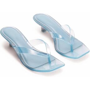 صندل Agodor Jelly Thong بكعب عالٍ للنساء، صندل شفاف بكعب منخفض للقطط للنساء مريح مربع مفتوح من الأمام كاجوال صيفي للشاطئ حذاء جيلي in Kuwait