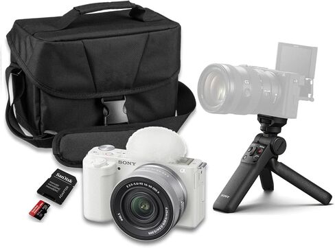 كاميرا Sony ZV-E10 بدون مرآة (أبيض) مع عدسة Sony E PZ مقاس 16-50 مم f/3.5-5.6 OSS II + مقبض التصوير اللاسلكي Sony GP-VPT3 + SanDisk Extreme Pro 64 جيجابايت والمزيد (حزمة مكونة من 17 قطعة) in Kuwait