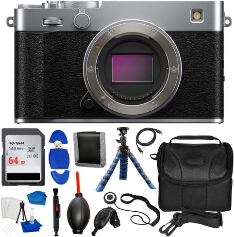حزمة كاميرا Fujifilm X-E5 الرقمية بدون مرآة (فضية) مع بطاقة SanDisk Ultra سعة 64 جيجابايت، وقبضة حامل ثلاثي القوائم، وحقيبة الأدوات، ومجموعة التنظيف، وكابل HDMI، وملحقات العدسات والعديد من الملحقات الأخرى in Kuwait