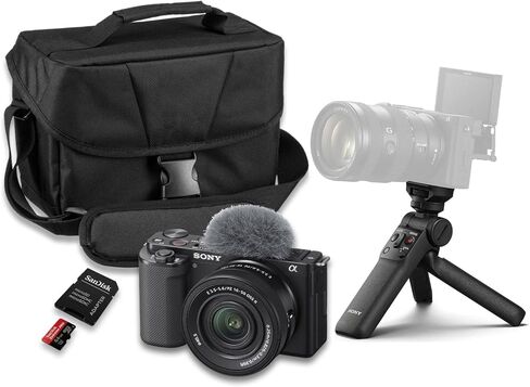 كاميرا Sony ZV-E10 بدون مرآة (أسود) مع عدسة Sony E PZ مقاس 16-50 مم f/3.5-5.6 OSS II + مقبض التصوير اللاسلكي Sony GP-VPT3 + SanDisk Extreme Pro 64 جيجابايت والمزيد (حزمة مكونة من 17 قطعة) in Kuwait