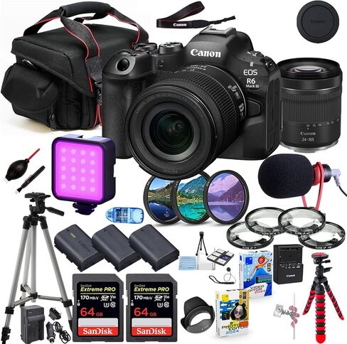 كاميرا Canon EOS R6 Mark III بدون مرآة مع مجموعة عدسات مقاس 24-105 مم + حزمة متميزة تتضمن ذاكرة فائقة سعة 128 جيجابايت ومرشحات وميكروفون وإضاءة LED وبرامج صور وفيديو والمزيد (متجددة) in Kuwait